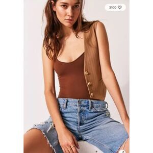 Free People Cappuccino Scoopneck Seamless Stretch Bodysuit Minimalist Layer Sz L